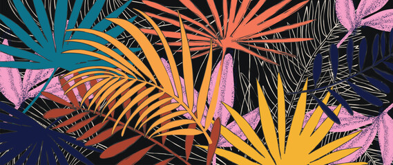 Obraz na płótnie Canvas Abstract tropical plant background vector. Colorful boho foliage botanical tropical leaves and floral pattern. Illustration for summer sale banner , wall art, prints and fabrics.