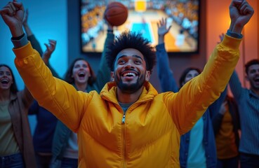 Group of diverse friends watch basketball game on TV at home, cheering excitedly. Man in yellow jacket celebrates with raised hands. People enjoy sports match, drinks, shared excitement.