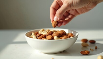 Caucasian hand selects almond from white bowl filled with mixed nuts. Healthy snack assortment on clean white table includes cashews, walnuts, hazelnuts. Crunchy, delicious, protein-rich ingredients