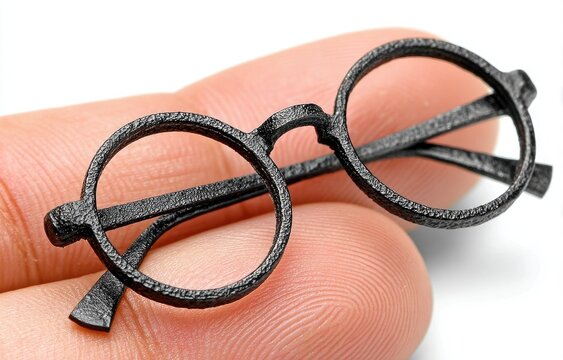 Miniature black eyeglasses on a finger