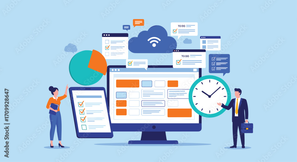 Aufkleber business professionals manage digital data and projects using computers cloud technology and screens