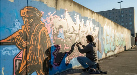 Fototapeta premium artist painting a colorful graffiti mural on a wall