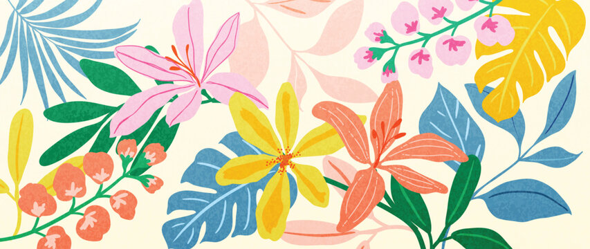 Abstract tropical plant background vector. Colorful boho foliage botanical tropical leaves and floral pattern. Illustration for summer sale banner , wall art, prints and fabrics.