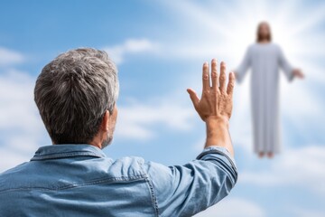 A man with gray hair raises his hand toward a glowing figure of Jesus in the clouds, symbolizing faith, hope, and divine connection.