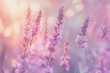 Obraz premium Soft Focus Lavender Field at Sunrise with Warm Sunlight and Bokeh Effect