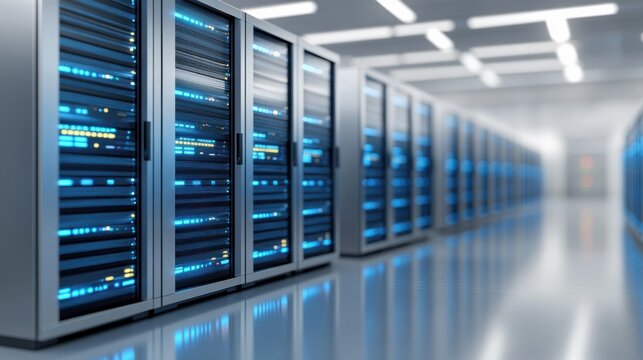A modern data center aisle with multiple server racks displaying active blue and yellow lights, reflected on a polished floor.