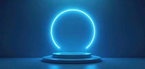 Neon blue light illuminates empty 3D podium within dark abstract studio room, perfect for product displays. Glowing night circle feature on wall adds dramatic flair to this minimalist stage.