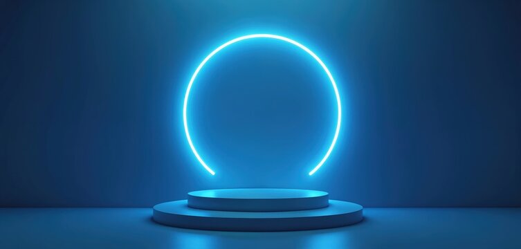 Neon blue light illuminates empty 3D podium within dark abstract studio room, perfect for product displays. Glowing night circle feature on wall adds dramatic flair to this minimalist stage.