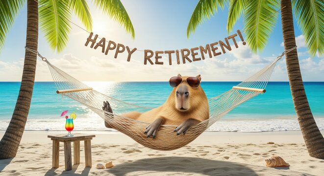 Capybara relaxing in hammock on beach with happy retirement sign during sunny day