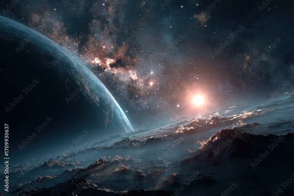 Aufkleber mesmerizing view of a distant planet under a vast cosmic expanse with swirling clouds and distant ga