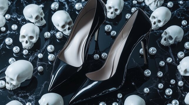 Black High Heels with Skulls and Pearls