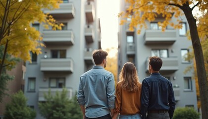 Young couple examines apartment building exterior with agent. Considering rental property purchase, reviewing space, location, and price. Making important home leasing decision.
