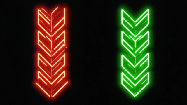 Red and Green Neon Down Arrows Direction Indicator for UI, Navigation and Gaming