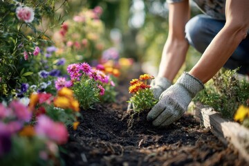 Fototapeta premium Woman planting vibrant summer flowers in a garden bed during a sunny afternoon, enhancing her home landscape with colorful blooms and joyful flora