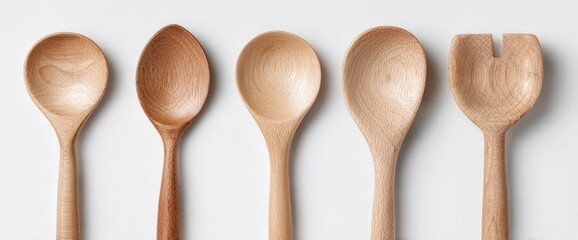 Wooden serving utensils arranged in a row. Light beige wooden spoons and a wooden salad server