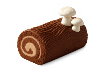 Delicious yule log cake with meringue mushrooms on transparent background