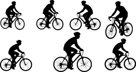 Fototapeta premium set of silhouettes of people riding bicycle. cyclist side view.