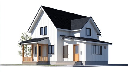 Modern farmhouse style home, rendered on white background