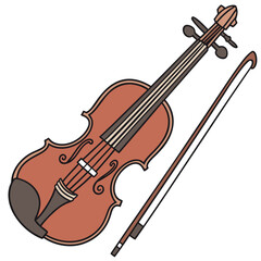Fototapeta premium A beautiful old wooden violin with a bow rests isolated on a pure white background, a classic stringed musical instrument