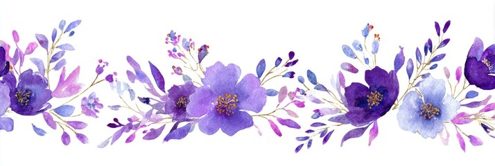 Watercolor floral border.  A horizontal, repeating design of  purple and lavender blossoms, leaves, and stems, painted with watercolor technique. 