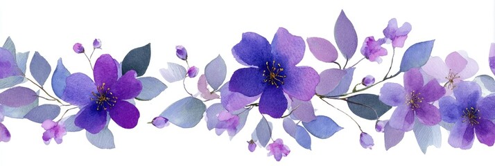 Delicate watercolor floral border in shades of purple and lavender.  A horizontal arrangement of blossoms and leaves, soft and airy, with varying tones of purple and lavender.