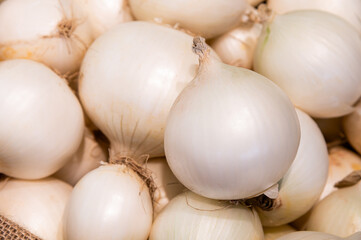 Many white onions lie in a pile. Close-up of onion counter in a greengrocer