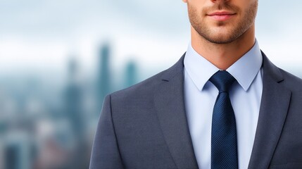 Fototapeta premium Businessman in a suit and tie overlooking cityscape, embodying ambition, success, urban sophistication.