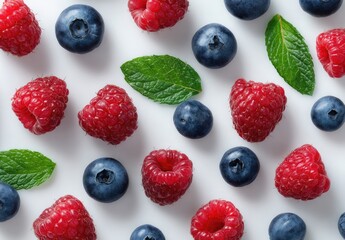 Fresh berries and mint leaves arranged on white background
