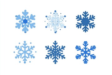 Six stylized, light-blue snowflakes, varying in detail and design, on a white background