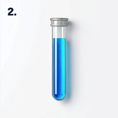 Clear glass test tube, filled with vibrant blue liquid, metallic cap