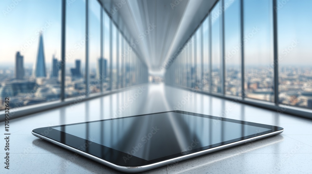 Aufkleber tablet computer on table by window, modern workspace with natural light.