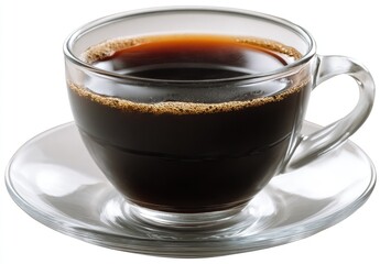 Clear glass cup of black coffee on a saucer