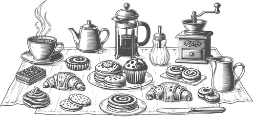 Hand drawn sketch style coffee shop set illustration of various coffees and bakery items collection
