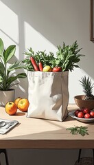 Fresh Vegetables and Fruits in a Canvas Tote Bag on a Bright Kitchen Table with Sunlight Streaming Through Window, Natural Home Environment