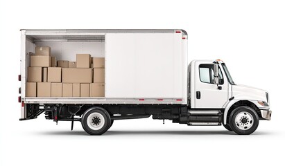 White box truck loaded with cardboard boxes