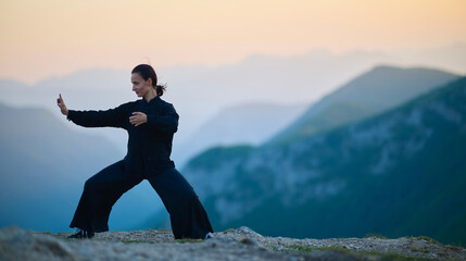 Woman practicing Tai Chi in traditional black outfit on mountain at sunrise, arms outstretched in...