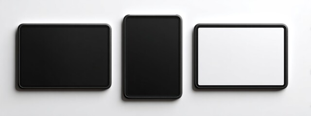 Three blank rectangular screens, black and white, on a white background