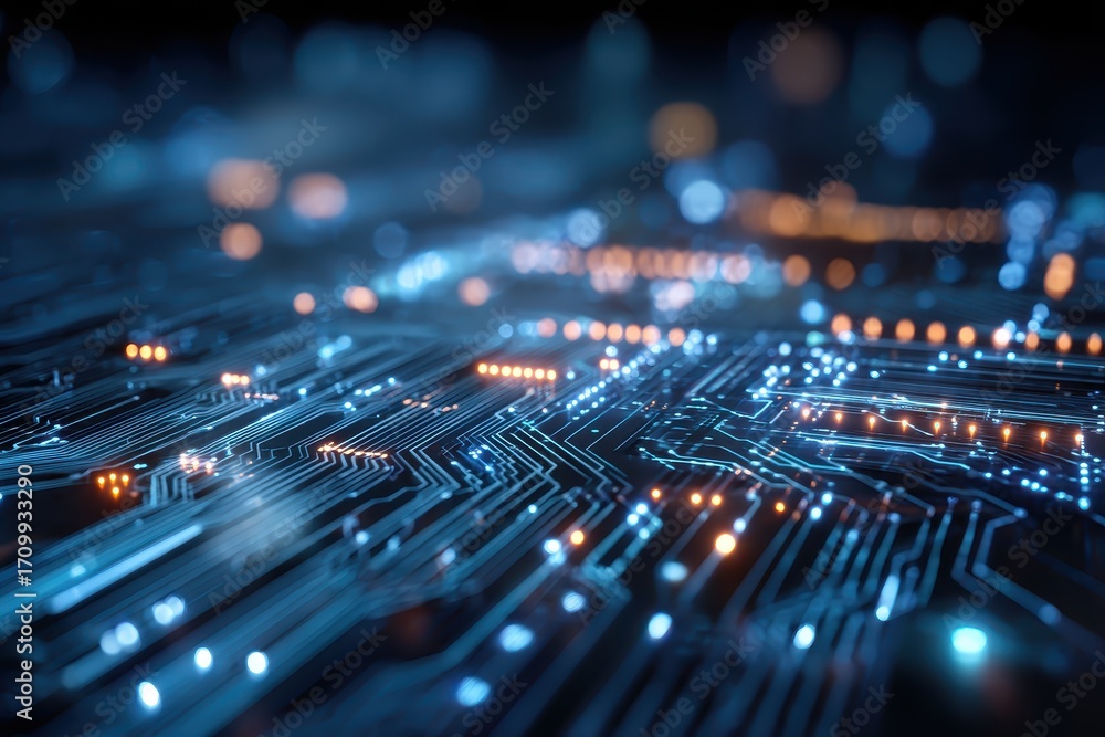 Poster futuristic circuit board with intricate mesh lines and glowing connections illuminated in a digital 
