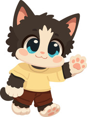 Illustration of Cute Cartoon Cat Waving black