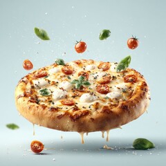A round pizza with mozzarella, cherry tomatoes, and basil, levitating in the air, with melted cheese dripping below