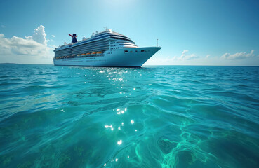 Large cruise ship sails on sparkling clear ocean under vast blue sky. Turquoise water shimmers with sunlight. Luxury liner offers passenger voyage, sea travel, summer vacation destination.
