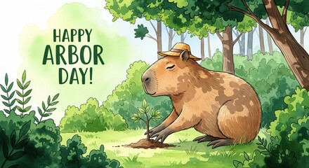Capybara planting a tree in a forest setting to celebrate Arbor Day with greenery and sunshine