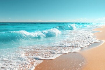 Sandy beach with soft blue ocean waves gently rolling in at midday under clear skies, creating a serene coastal atmosphere perfect for relaxation