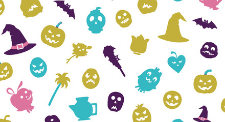 Fototapeta premium Colorful Halloween icons arranged in a playful pattern offering a cheerful take on spooky elements