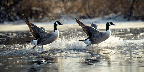 Fototapeta premium Two Geese Taking Flight On A Frozen Water Body With Splashes