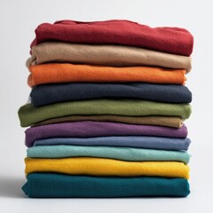A stack of folded t-shirts in various colors