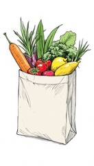 Fresh and Vibrant Grocery Bag Filled with Healthy Vegetables and Fruits Illustrating a Wholesome Eating Lifestyle in a Hand-Drawn Style