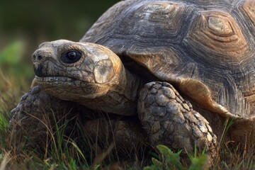 Old turtle resting on green grass in a natural setting during daylight, showcasing its textured shell and wise expression in a realistic portrayal