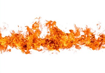 Flames against white background. Horizontal line of orange-yellow flames