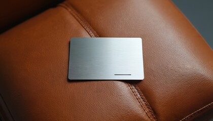 Minimalist metal card mockup on textured brown leather chair. Brushed aluminium surface with sleek rectangle design. Modern elegance, industrial luxury feel. Smooth metallic material premium decor.
